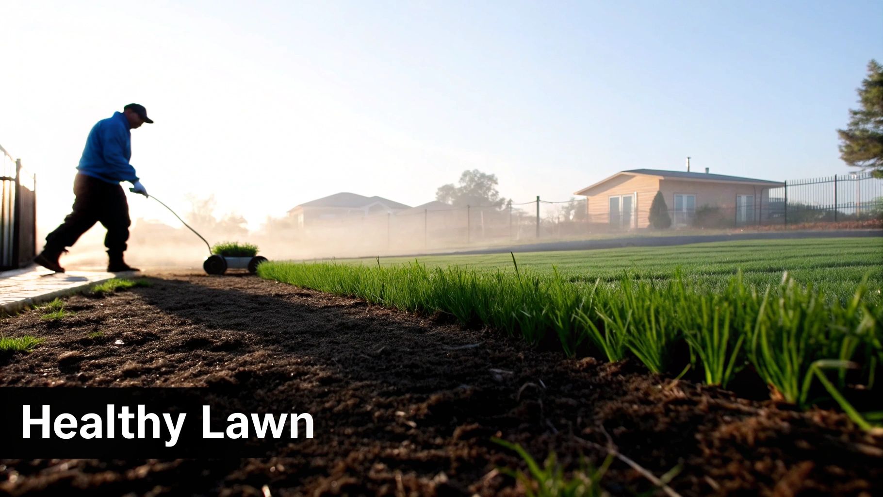 A person seeding a new lawn with young green grass shoots and established healthy grass in the background.