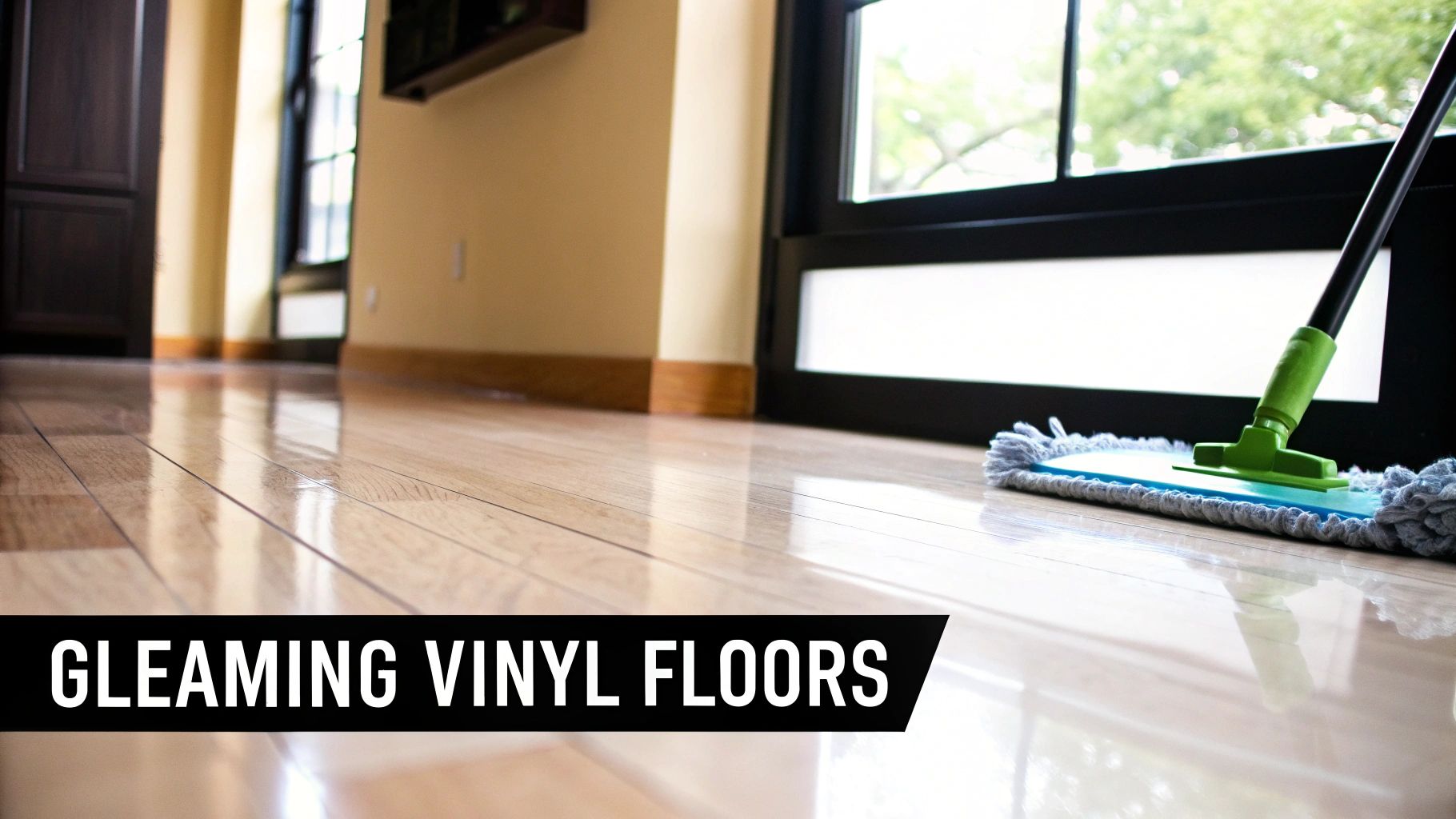 A gleaming light brown vinyl floor reflecting light, with a mop head visible near a window.