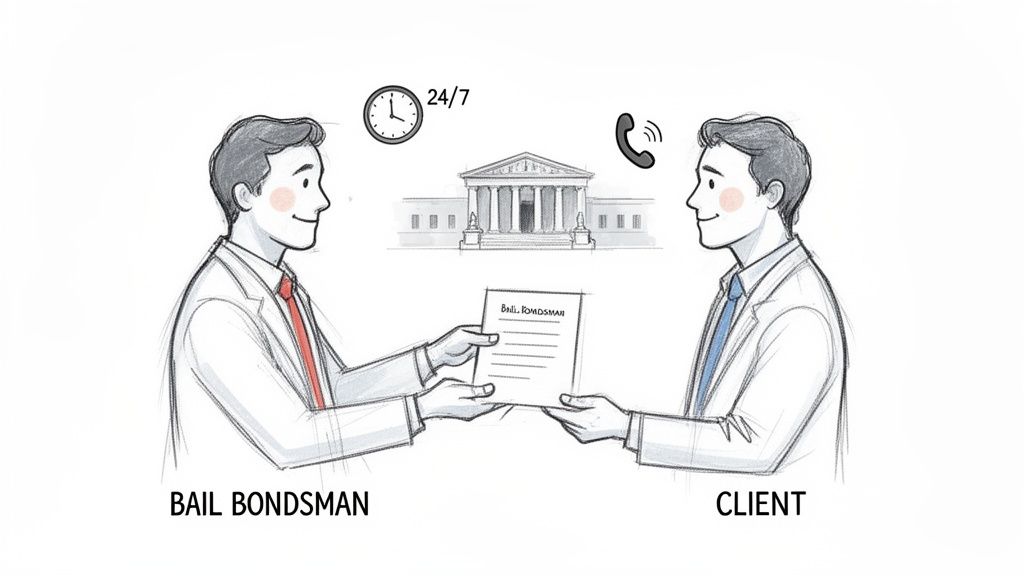 A bail bondsman and client exchange documents, with icons for 24/7 service and a courthouse.
