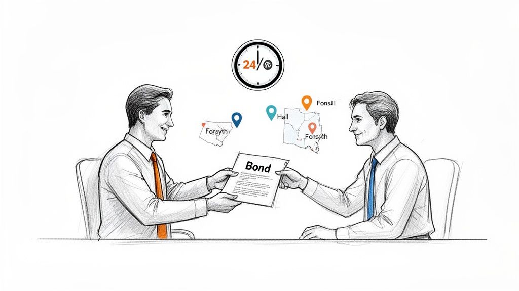 Two men exchanging a bond document, with location maps and a 24/7 clock icon.