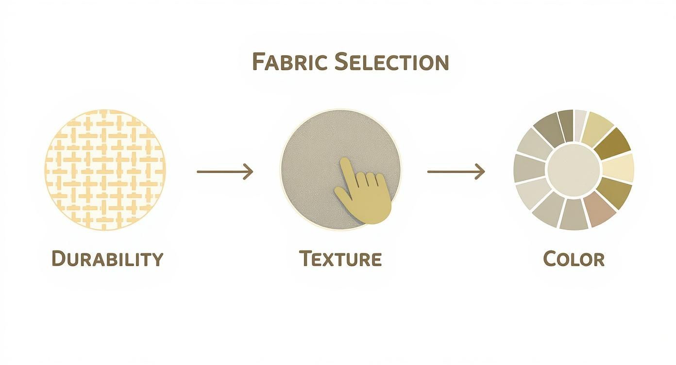 A fabric selection diagram showing steps for choosing durability, texture, and color for upholstery.
