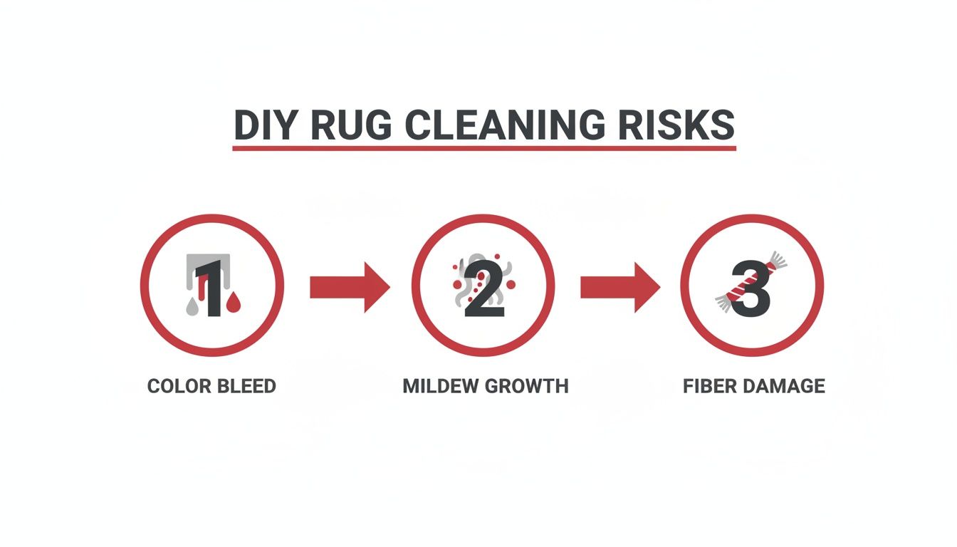 Infographic showing three DIY rug cleaning risks: color bleed, mildew growth, and fiber damage.