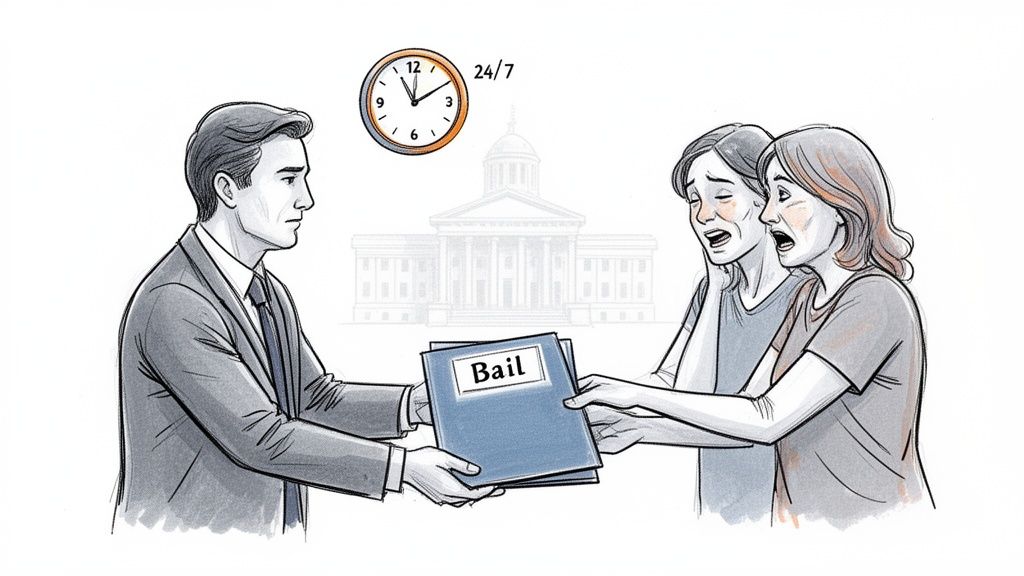 A lawyer hands “Bail” papers to two distressed women, with a courthouse and 24/7 clock in the background.