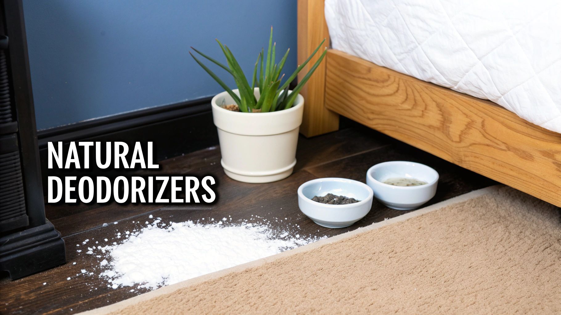 Natural deodorizers, including baking soda, charcoal, and a plant, used for home freshness.