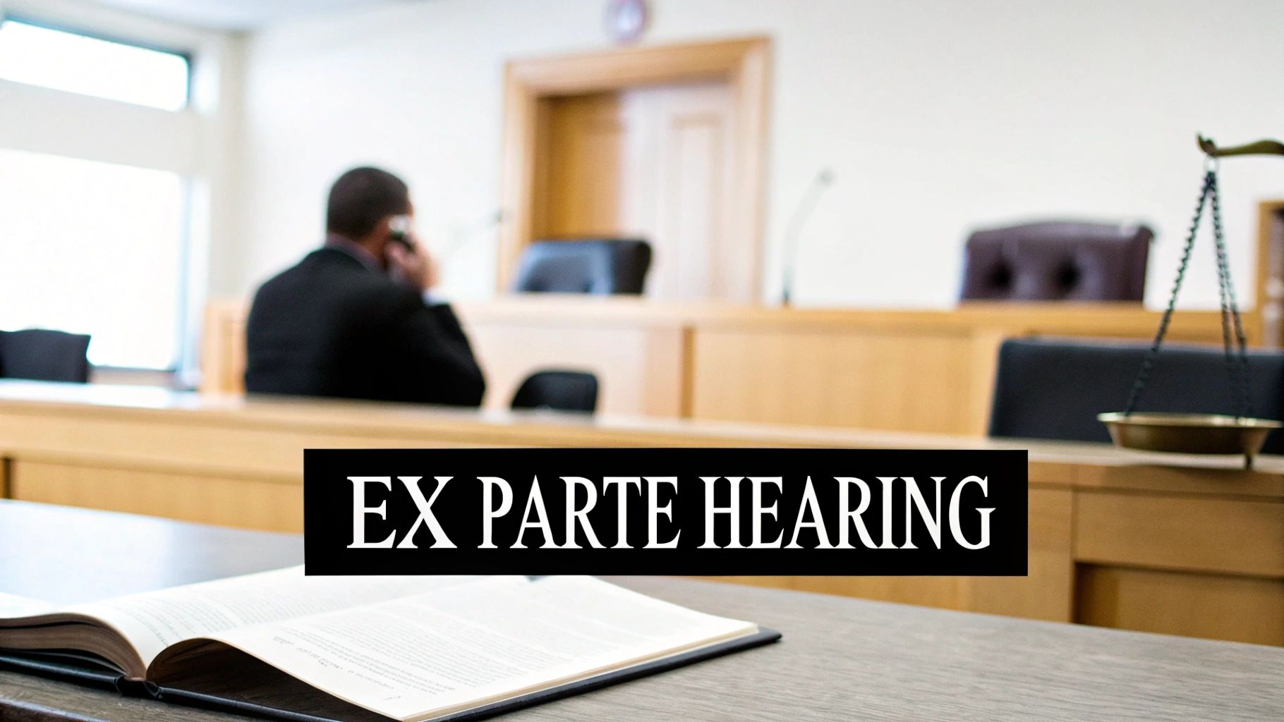 A blurred image of a courtroom setting with a person, an open book, and scales of justice, overlaid with 'EX PARTE HEARING'.