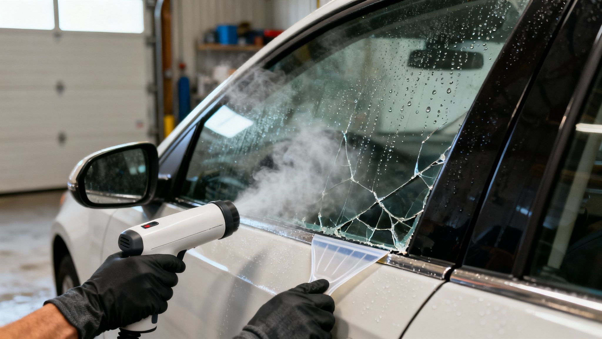 A person wearing black gloves uses a heat gun and squeegee to remove cracked window tint from a white car in a garage.
