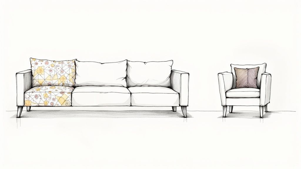 Woman choosing between different fabric swatches in a showroom