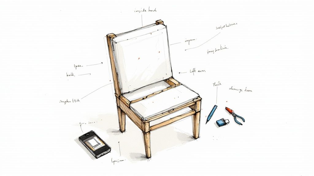 Detailed sketch of a disassembled chair with labels, tools, and a smartphone for reupholstery.
