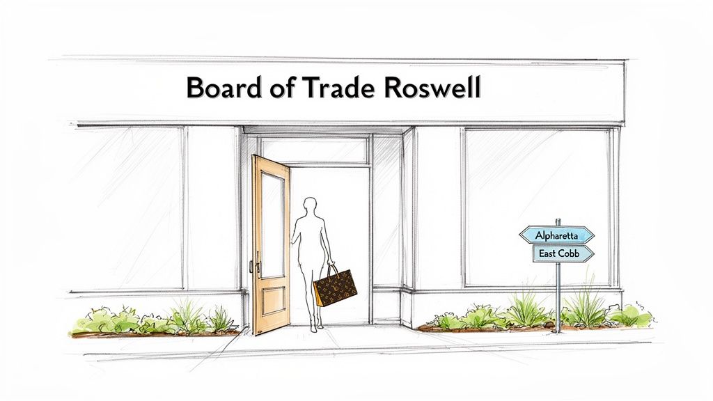 A sketch of a 'Board of Trade Roswell' store with a person carrying a Louis Vuitton bag, and a directional sign.