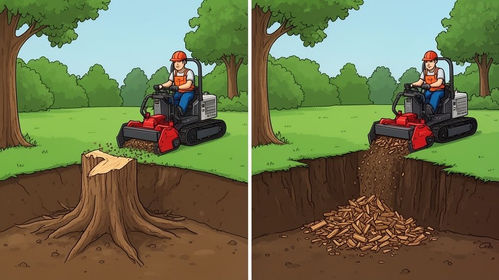 Illustrating stump removal: a grinder converts a tree stump into wood chips, filling the hole.