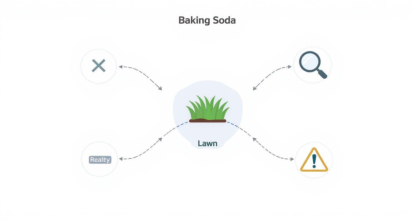 Diagram showing baking soda lawn care uses including search, warning, reality check, and removal options