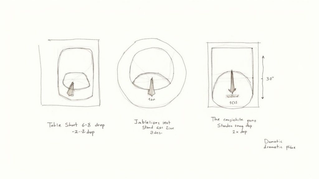 Three hand-drawn design sketches of unique table centerpieces or lighting fixtures with specific drop and stand details.