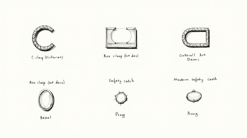 Illustrations of six different vintage jewelry clasps and settings including C clasp, box clasp, and prong.