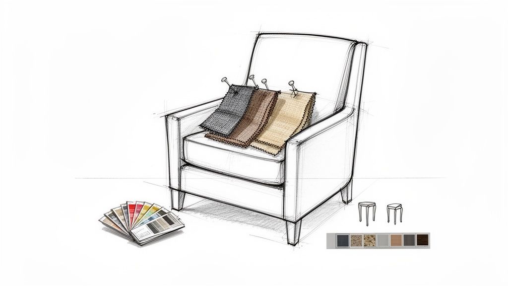 A detailed sketch of an armchair with fabric swatches pinned on it, alongside material samples.