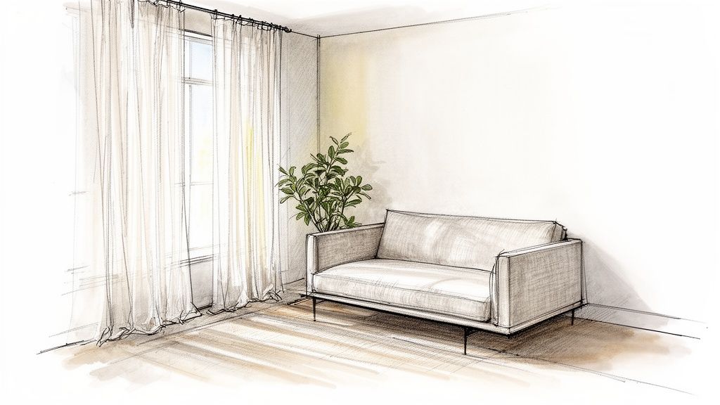 A minimalist sketch of a bright room with sheer curtains, a plant, and a modern sofa.