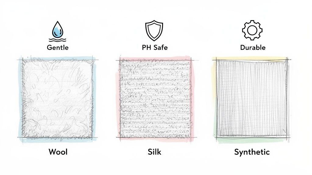 Illustration comparing gentle wool, pH safe silk, and durable synthetic materials for cleaning applications.