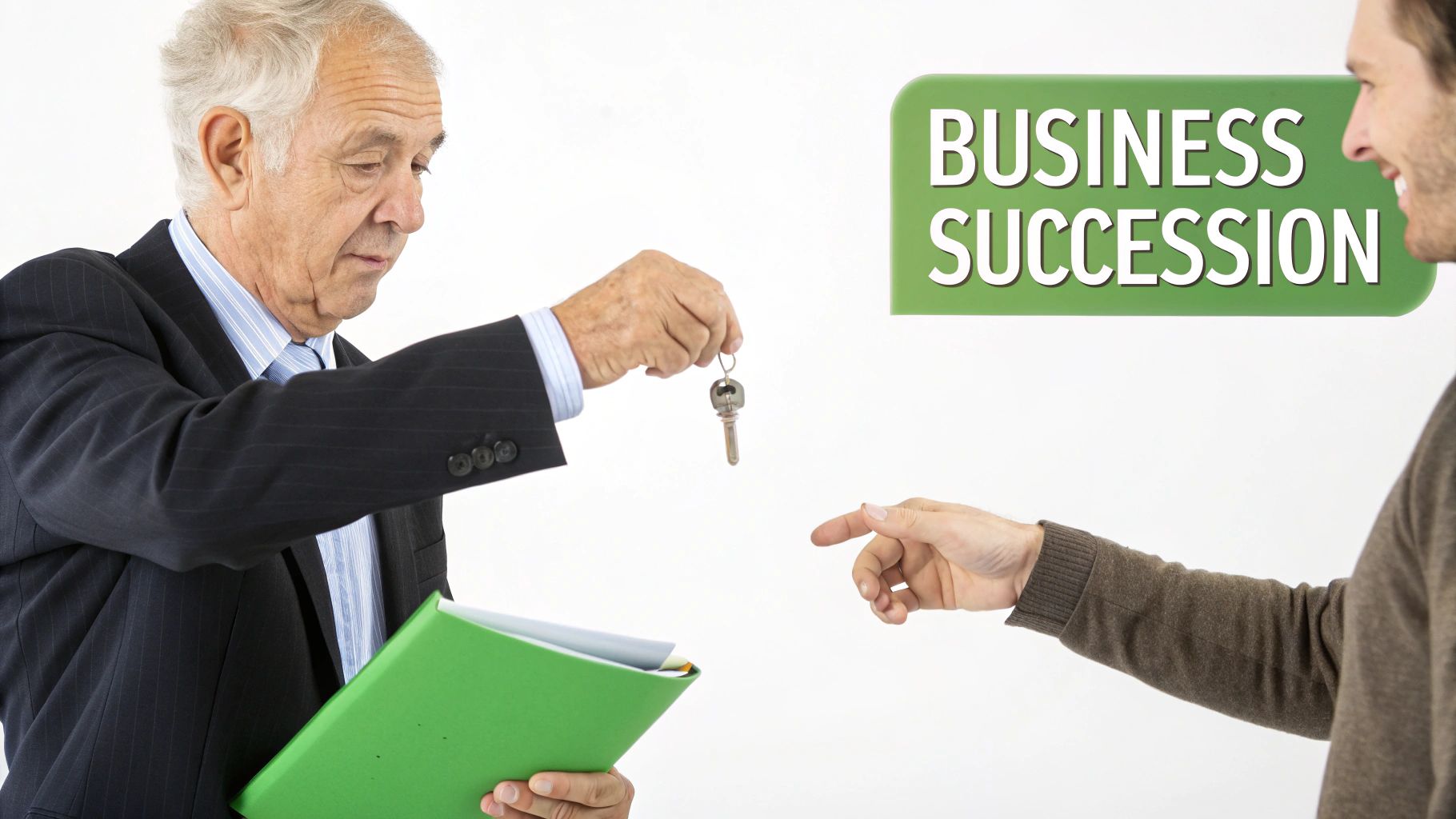 An older businessman hands a key to a younger man, symbolizing business succession.