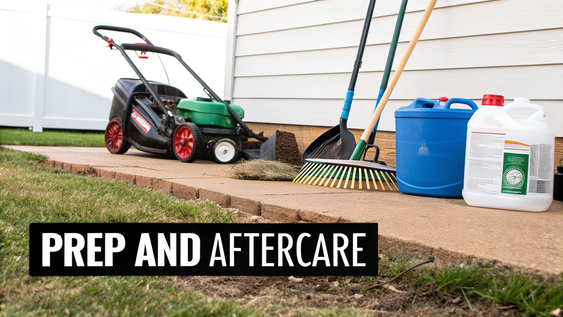 Various lawn care tools like a lawnmower, rakes, and containers lined up on a concrete path.