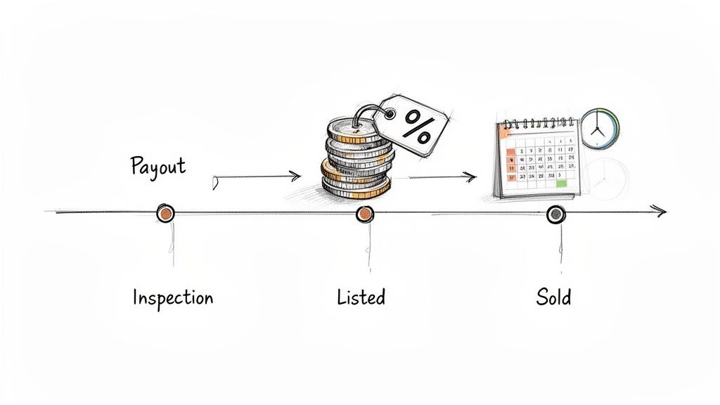 A hand-drawn timeline illustrates the steps of a consignment process: Inspection, Listed, and Sold, with associated icons.
