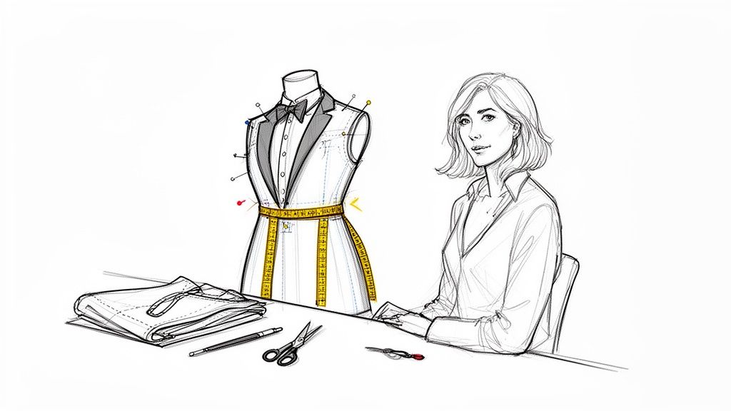 An illustration of a female tailor meticulously working on a tuxedo jacket on a dress form, surrounded by tools.