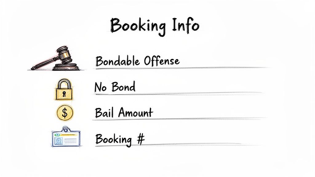 A graphic titled 'Booking Info' showing icons and text: Gavel for Bondable Offense, Padlock for No Bond, Dollar Sign for Bail Amount, and ID Card for Booking #.