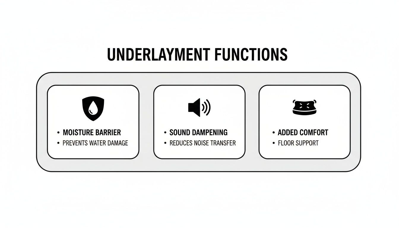 An image illustrating three underlayment functions: moisture barrier, sound dampening, and added comfort.