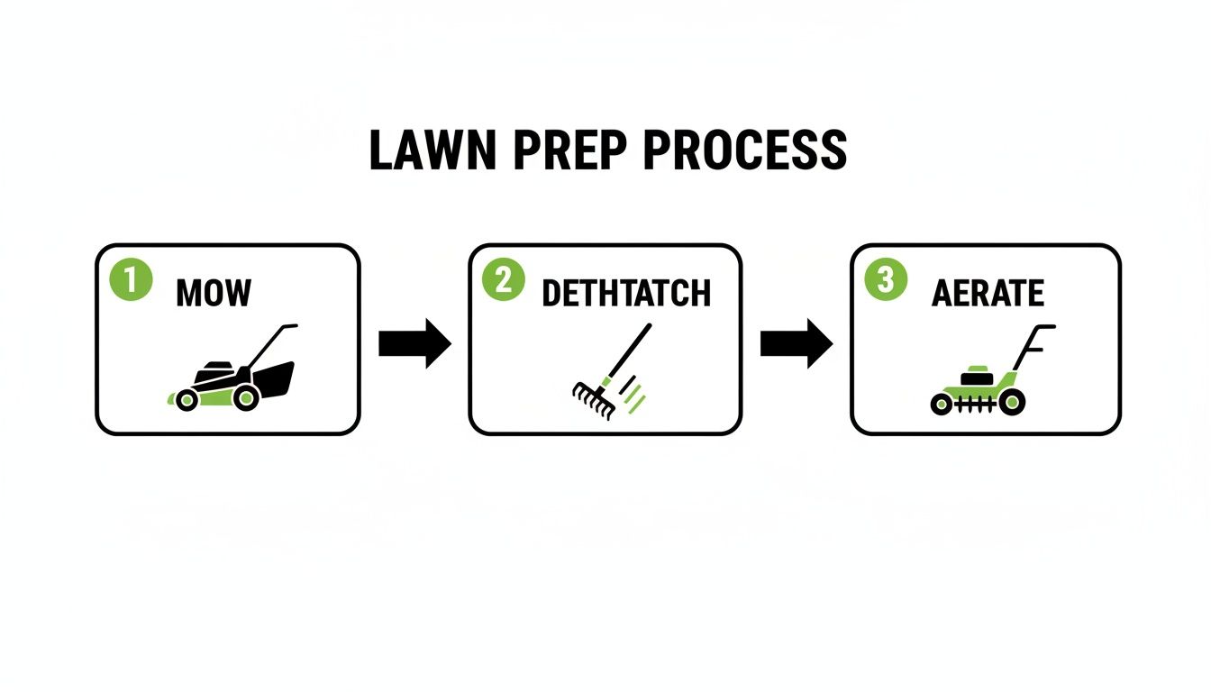 A step-by-step guide to lawn preparation, including mowing, dethatching, and aerating the grass.