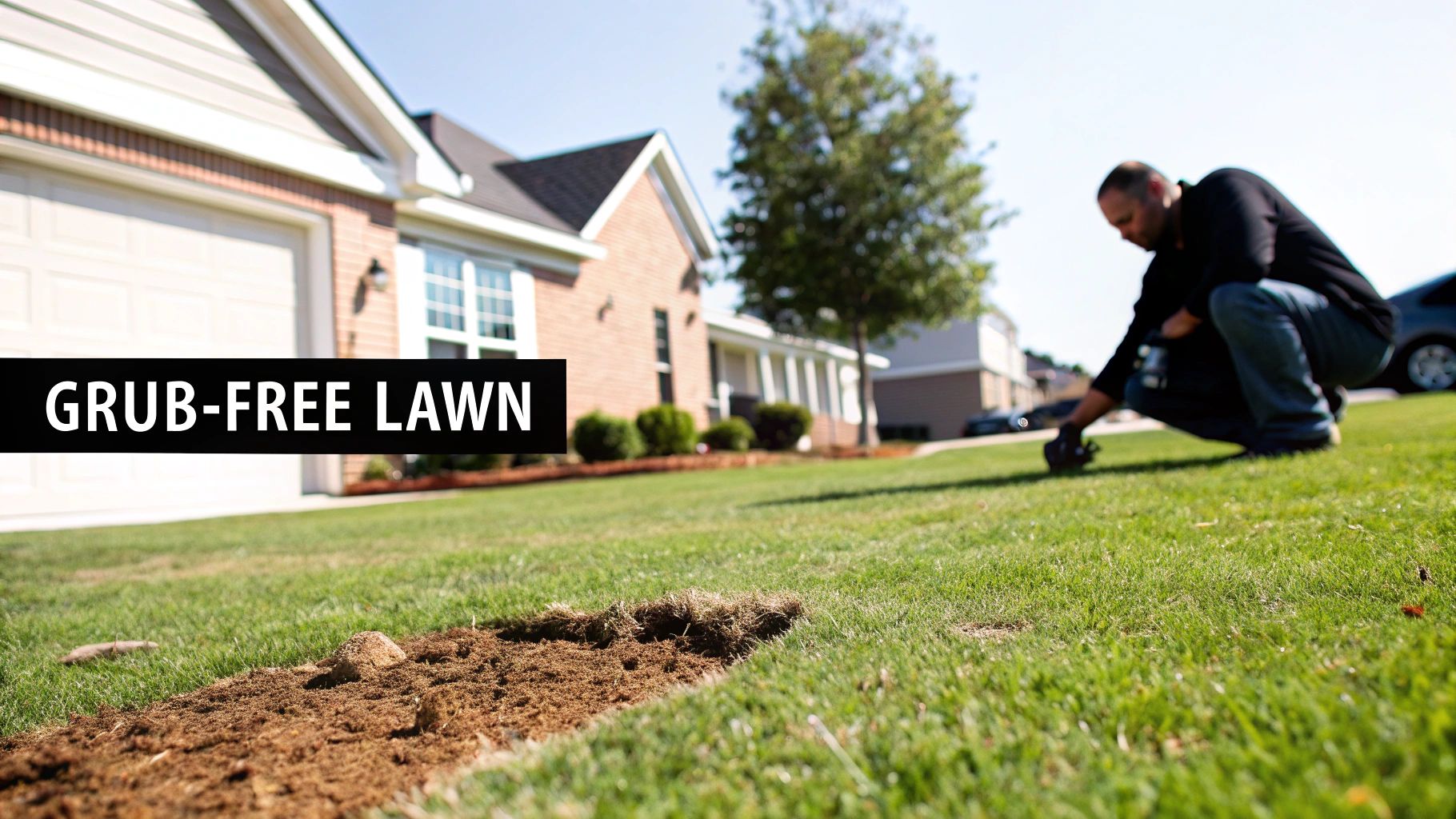 A healthy, green lawn in a suburban neighborhood, representing the goal of natural grub control.