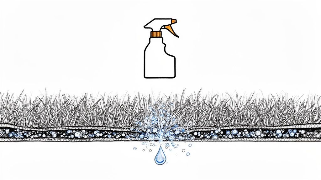 A spray bottle applies liquid to a cross-section of artificial grass or carpet, showing it penetrate through layers and drain.