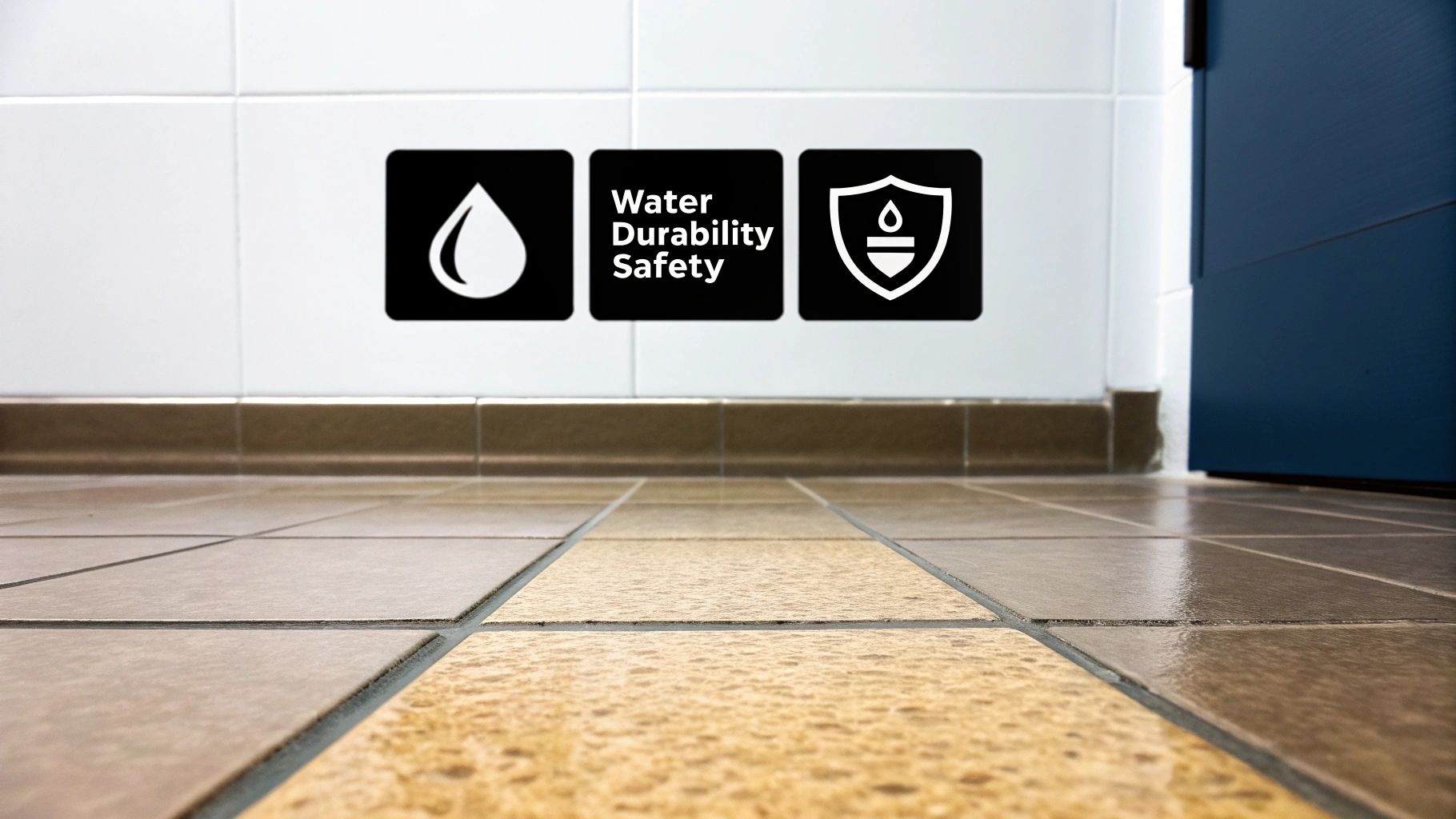 Water splashing onto a dark gray tiled bathroom floor.
