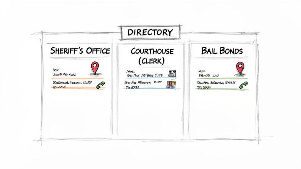 Hand-drawn directory with contact information for Sheriff's Office, Courthouse Clerk, and Bail Bonds.
