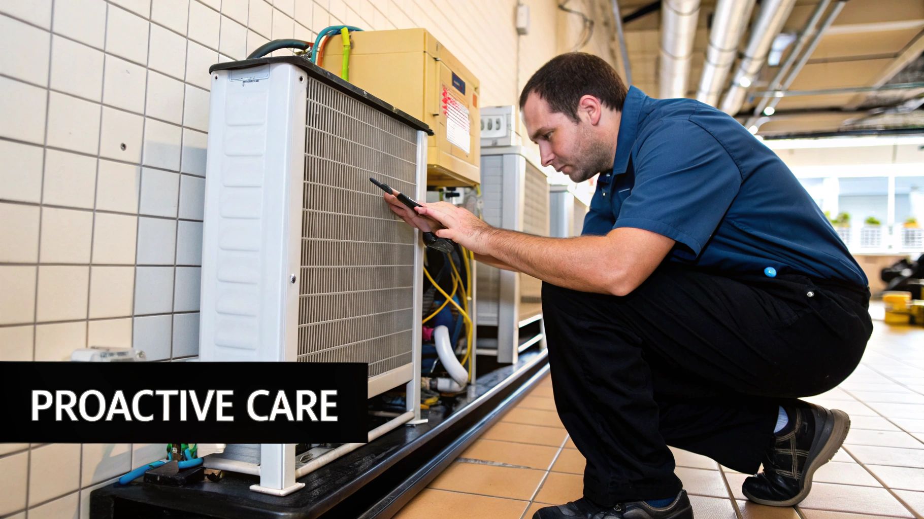 A maintenance professional inspecting a commercial HVAC unit on a rooftop.