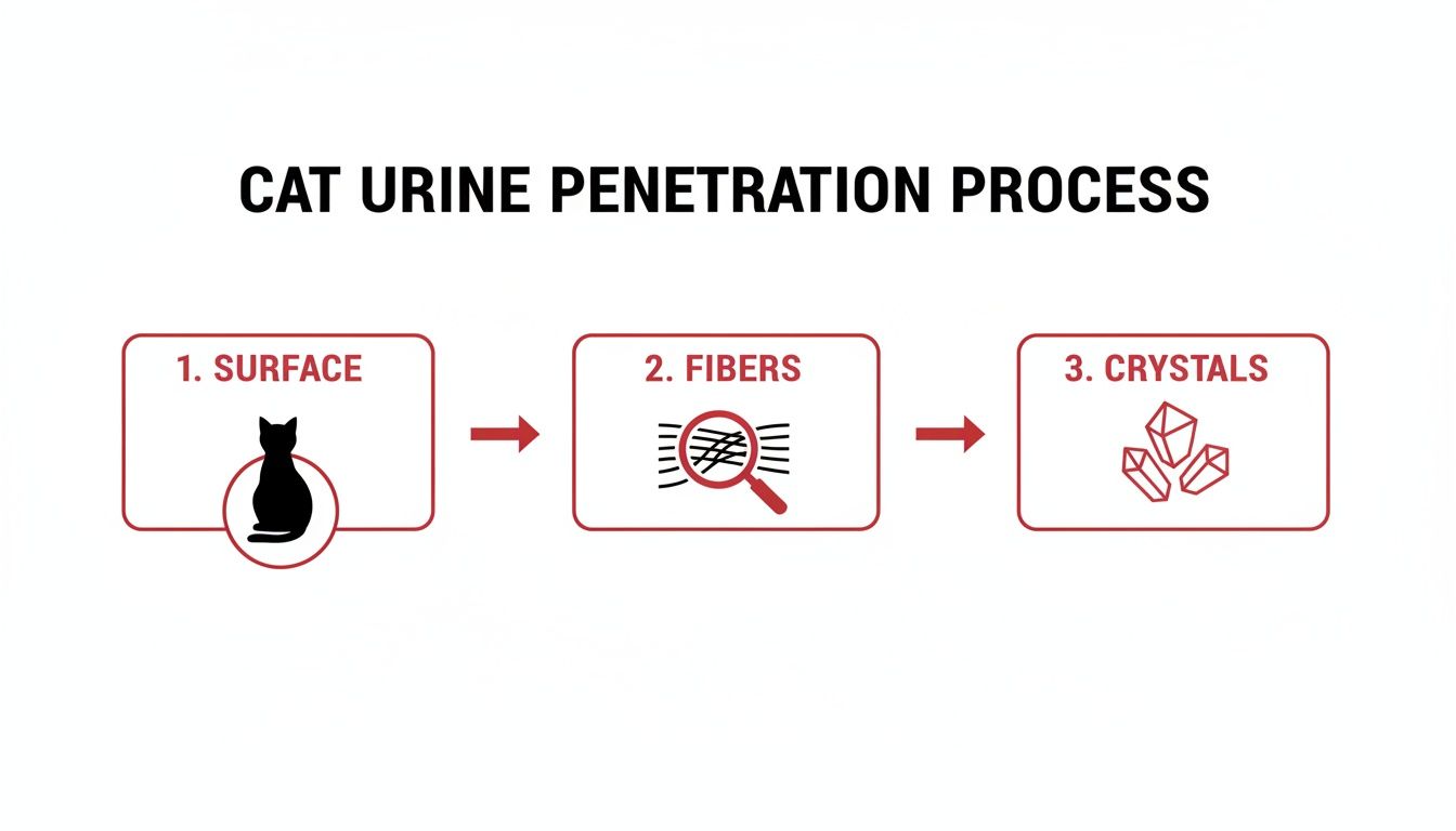 A diagram illustrating the three-step cat urine penetration process from surface to fibers and crystals.