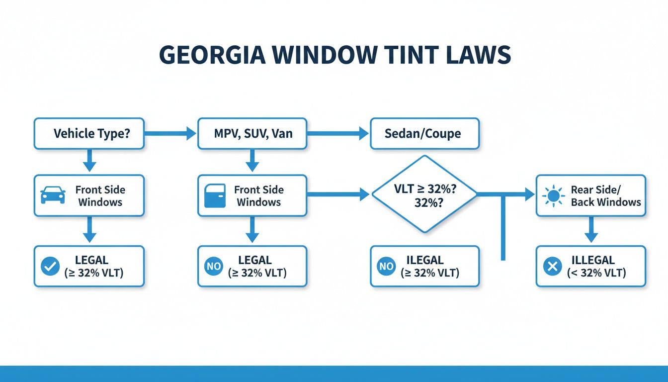 Flowchart illustrating Georgia's window tint laws for different vehicle types and VLT percentages.