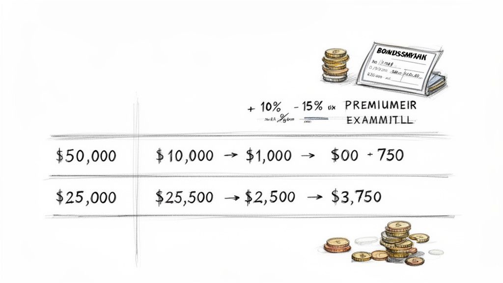 A hand-drawn illustration depicting financial calculations involving dollars, percentages, and bonds.
