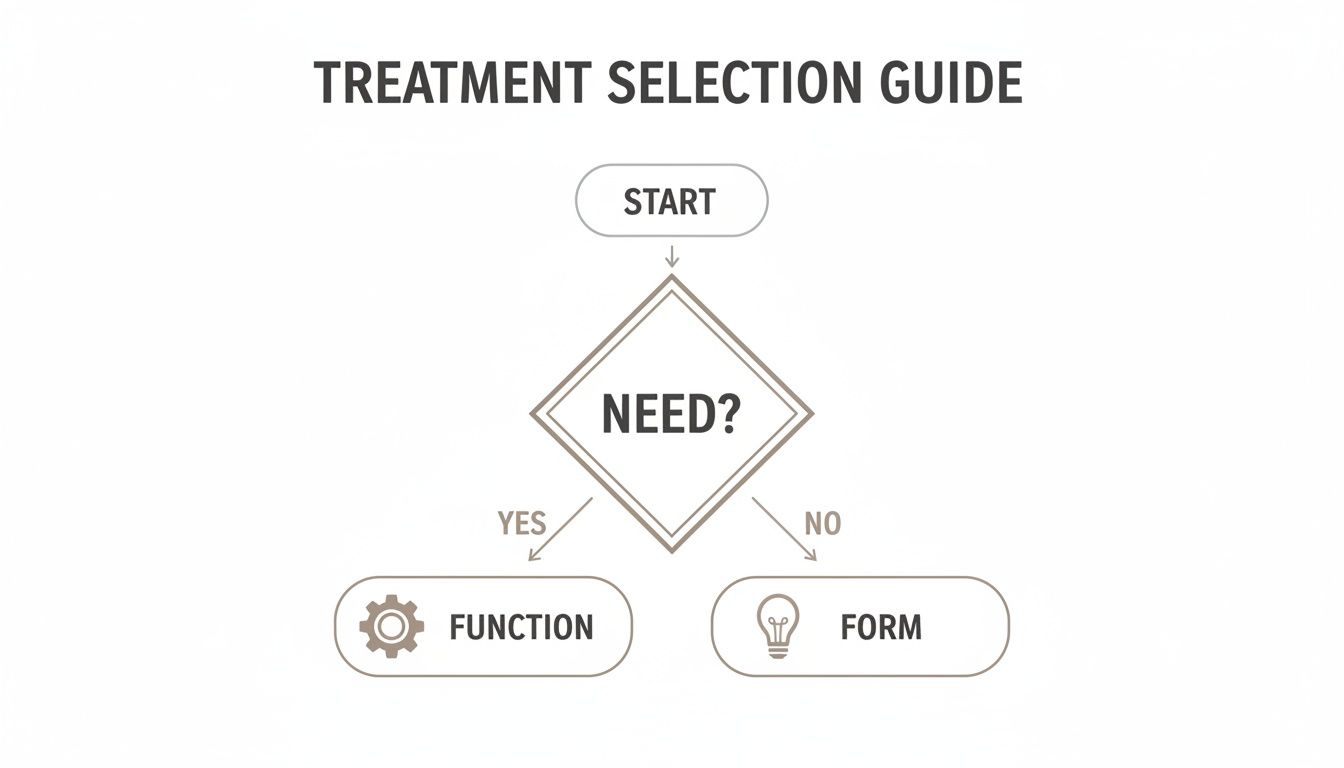 A flowchart for treatment selection, guiding users from 'START' through 'NEED?' to 'FUNCTION' or 'FORM'.