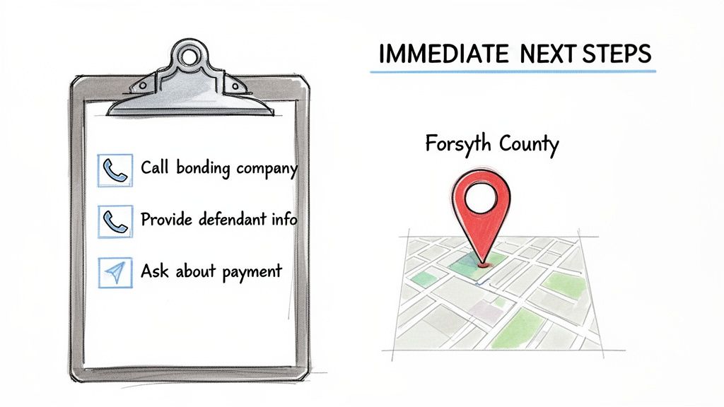 Immediate next steps for a bail bond process, including calling a bonding company and checking payment in Forsyth County.