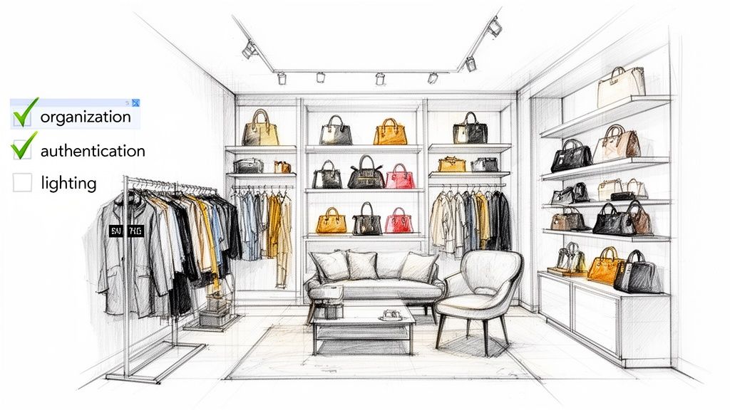 A detailed sketch of a well-organized luxury consignment store interior with handbags and clothes.