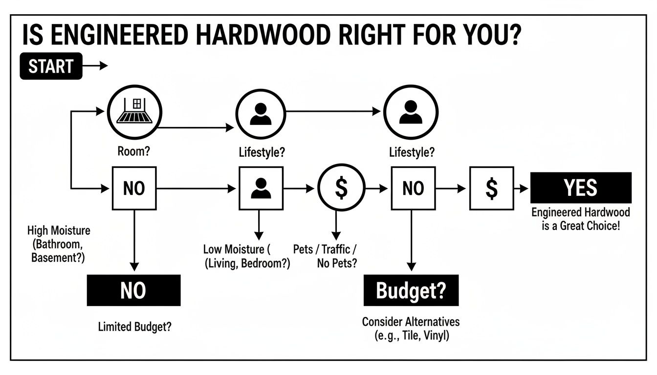 A decision flowchart determining if engineered hardwood is right for your home, considering room, lifestyle, pets, and budget.