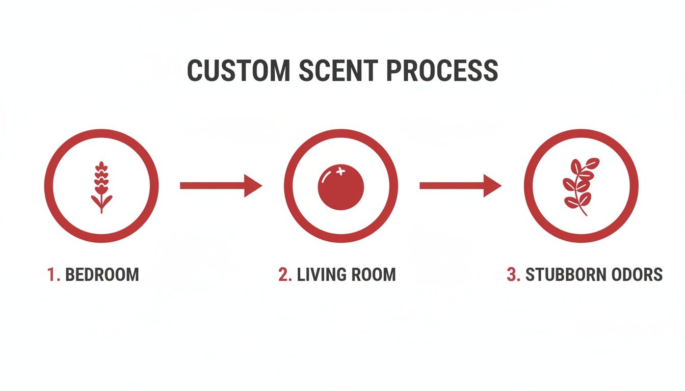 Custom scent process infographic showing steps for bedroom, living room, and stubborn odors with plant icons.