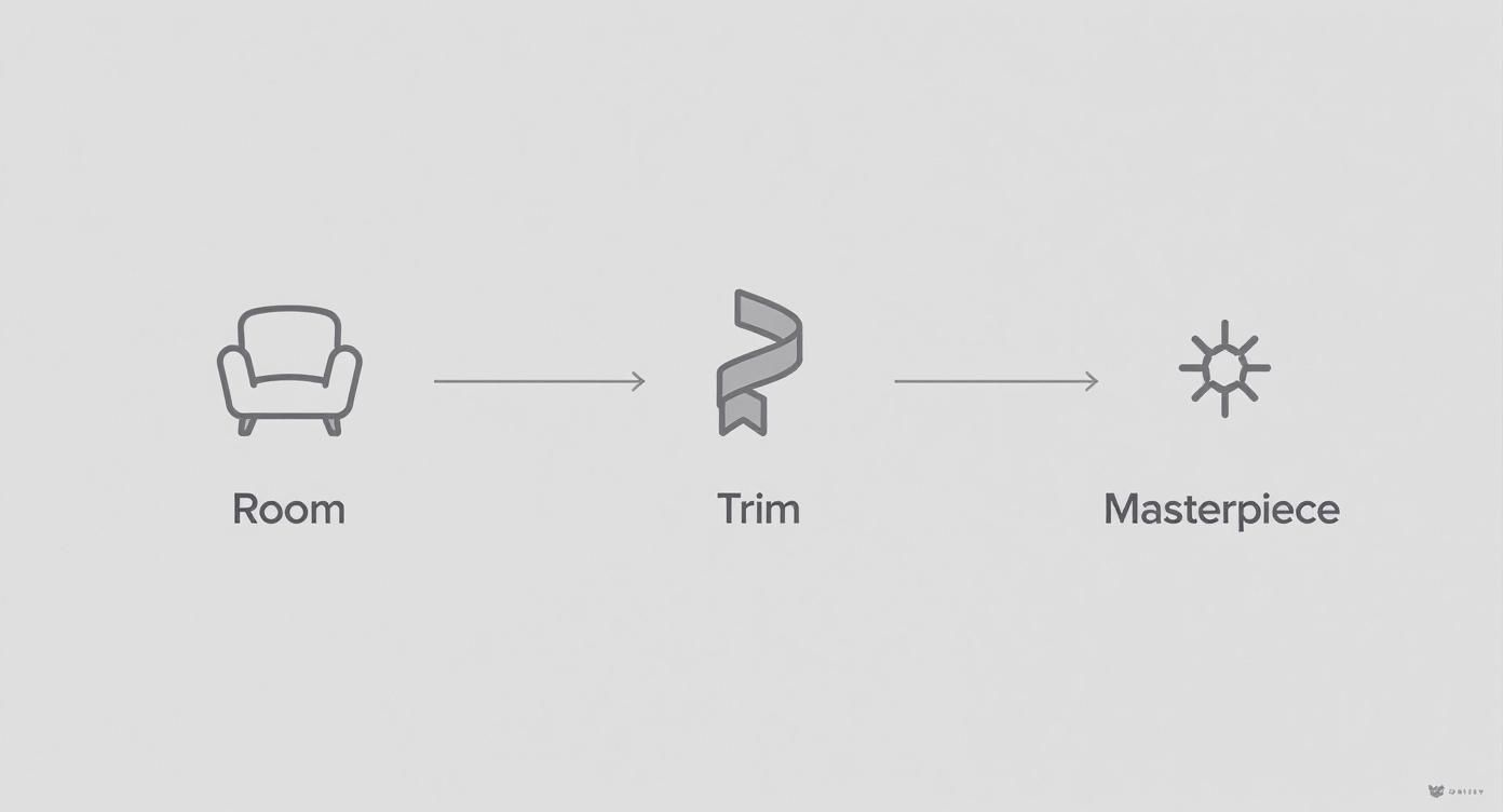 A diagram illustrating a process from a 'Room' (armchair icon) through 'Trim' (ribbon icon) to a 'Masterpiece' (star icon).