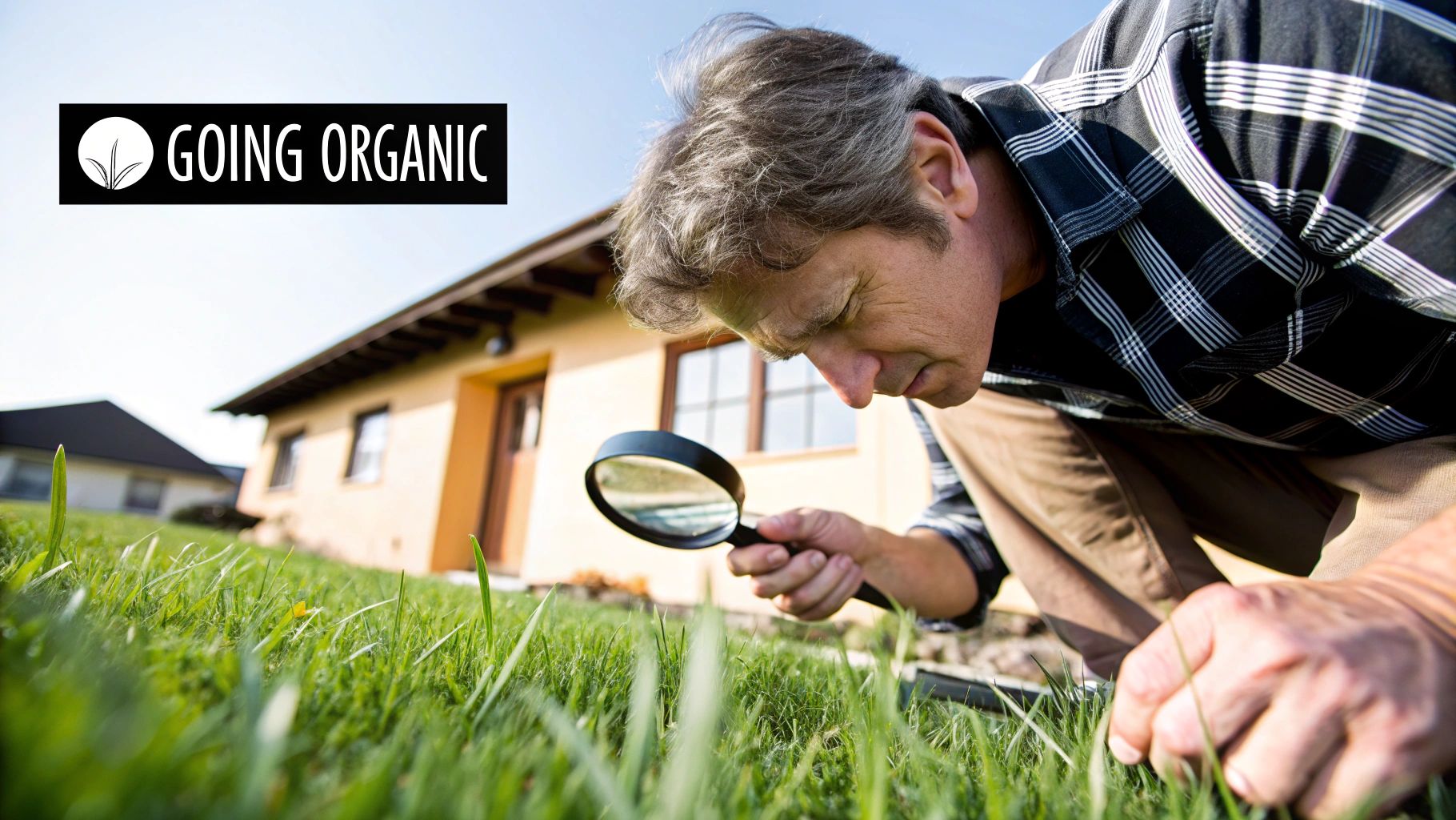 A person examining the healthy soil of a lush, organic lawn