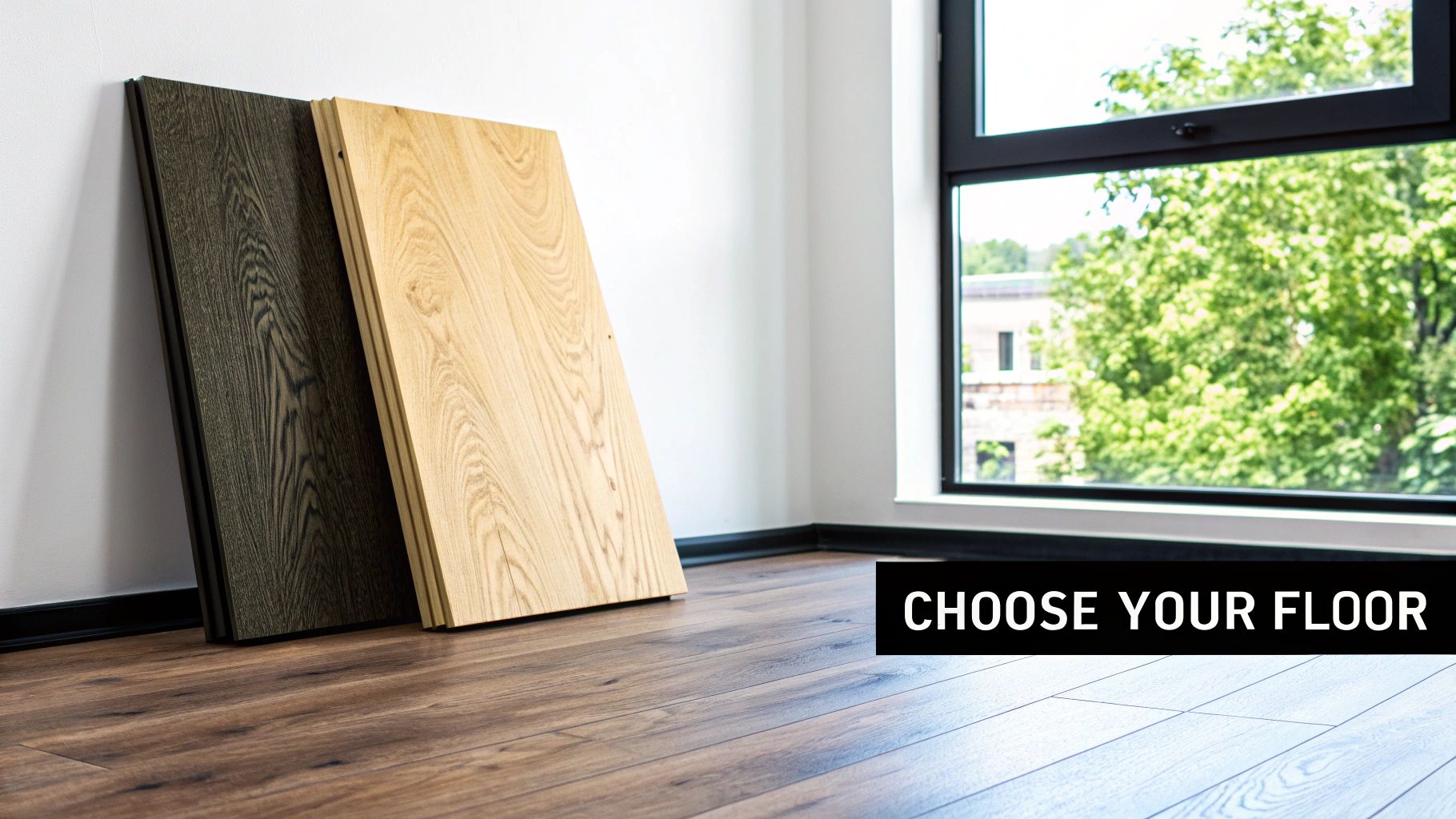 A modern living room showcasing light-colored wood flooring, contrasting with a dark accent wall and stylish furniture.