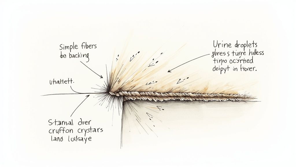 Detailed diagram illustrating urine droplets penetrating rug fibers and backing, with explanatory text.