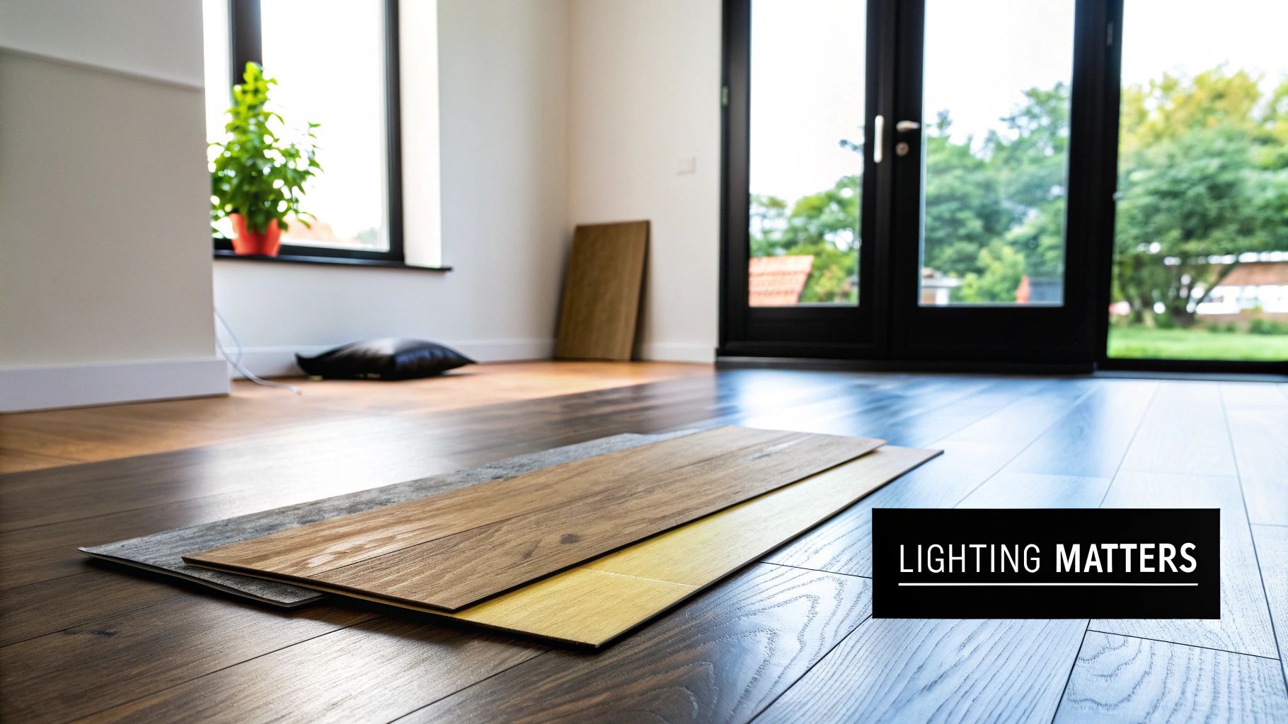 A living room with light hardwood floors bathed in natural light from large windows.
