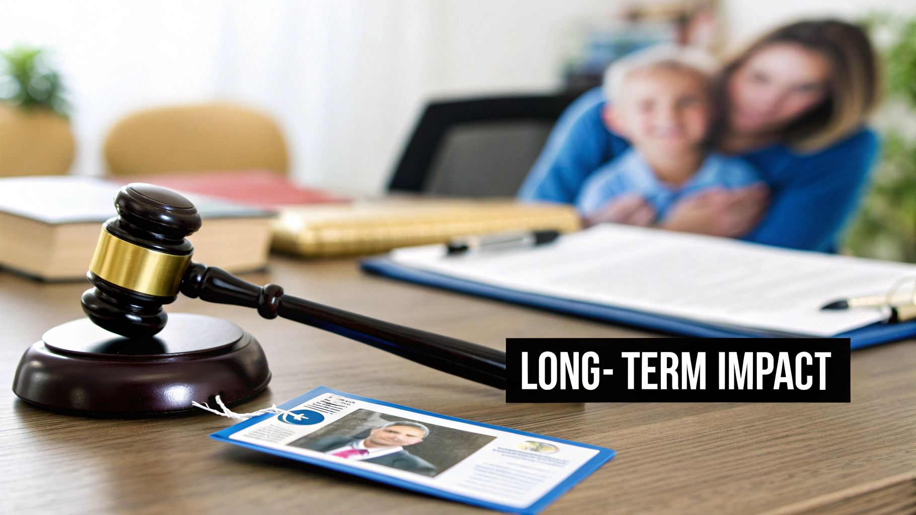A gavel and legal documents on a desk with a blurred mother and child in the background, signifying long-term impact.