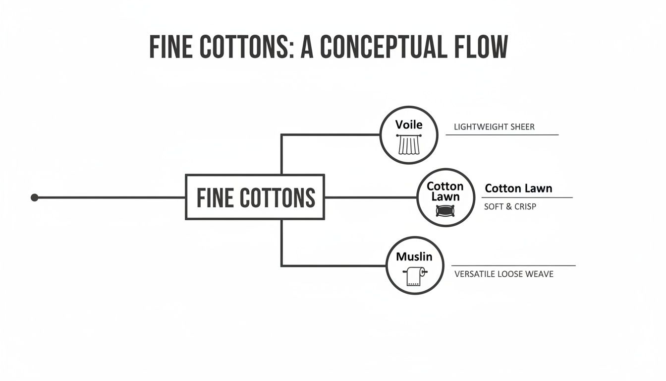 A conceptual flow diagram illustrating fine cotton fabric types: Voile, Cotton Lawn, and Muslin, with their key characteristics.