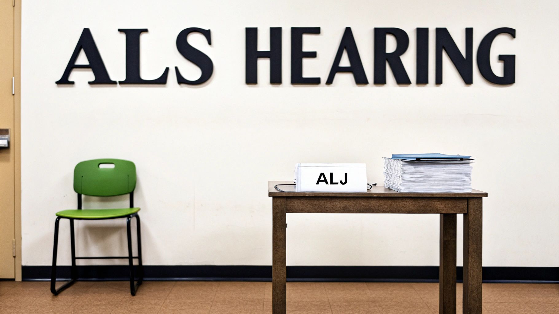 An administrative hearing room with 'ALS HEARING' sign, green chair, table, and 'ALJ' nameplate.