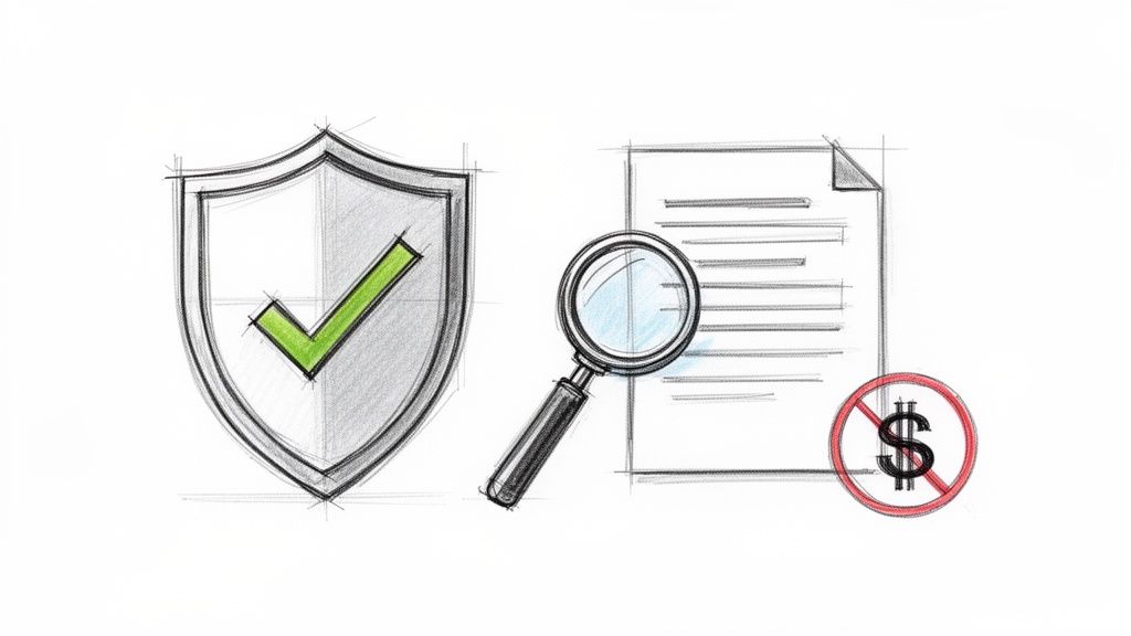 Hand-drawn sketch icons symbolizing security, document review, and no cost or free information.
