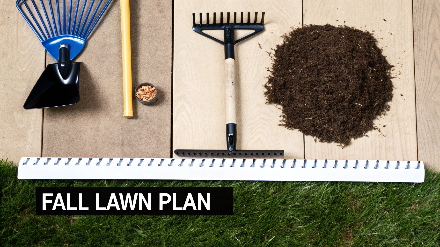 Overhead view of lawn care tools, soil, and a lawn edging tool with 'FALL LAWN PLAN' text.